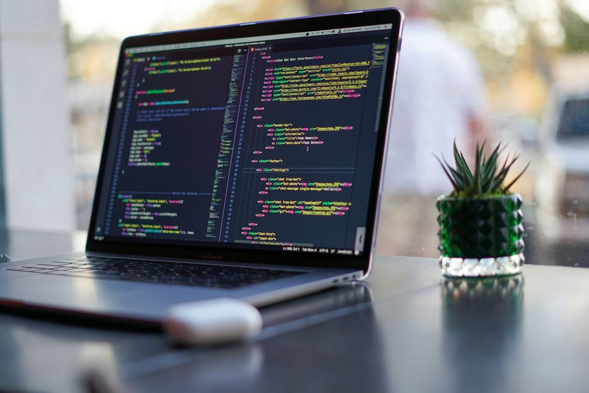 Aufgeklappter Laptop mit Quellcode im Editor auf dunklem Schreibtisch, daneben eine kleine Sukkulente im Glastopf