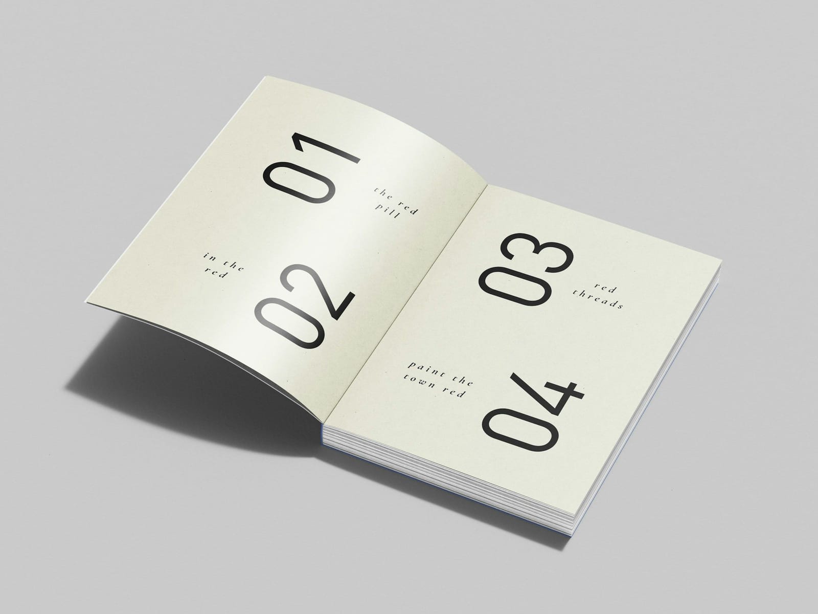 Aufgeschlagenes Booklet mit großen, schlanken Kapitelziffern 01 bis 04 auf cremefarbenem Papier vor grauem Grund